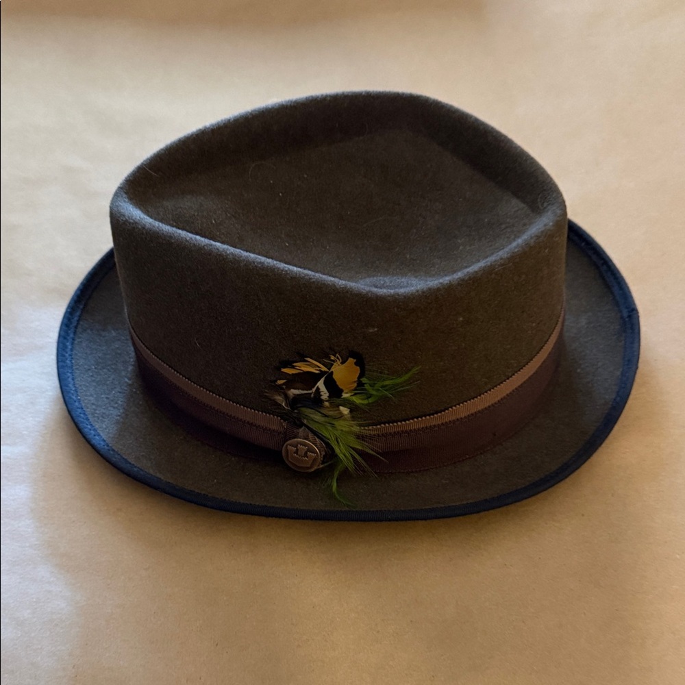 Goorin Bros Gray Wool Fedora with Brown Band and Yellow Feather